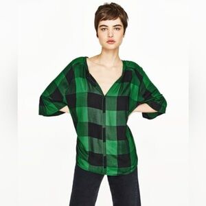 Zara Woman Green Black Plaid
Oversized Blouse 3/4 Bell Sleeves
Women's Sz de
